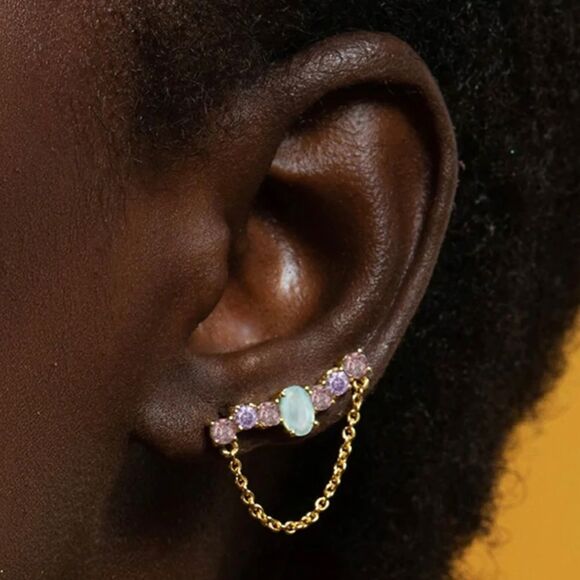 18K GOLD PLATED EAR CLIMBERS CHAIN RAW AMETHYST AQUAMARINE COLORED CRYSTALS  NWT - Picture 1 of 6